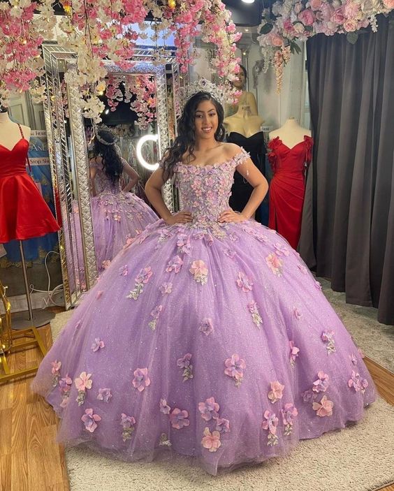 Lilac Quinceanera Dress With Flowers Ball Gown Sweet 16 Dress Elegant Tulle Ball Gown 3D Flowers Princess Evening Dress 15 Lovely - VelvetHem