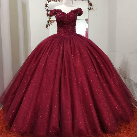 Burgundy Off the Shoulder Quinceanera Dresses Ball Gown Lace Ball Gown Sweet 16 Dress