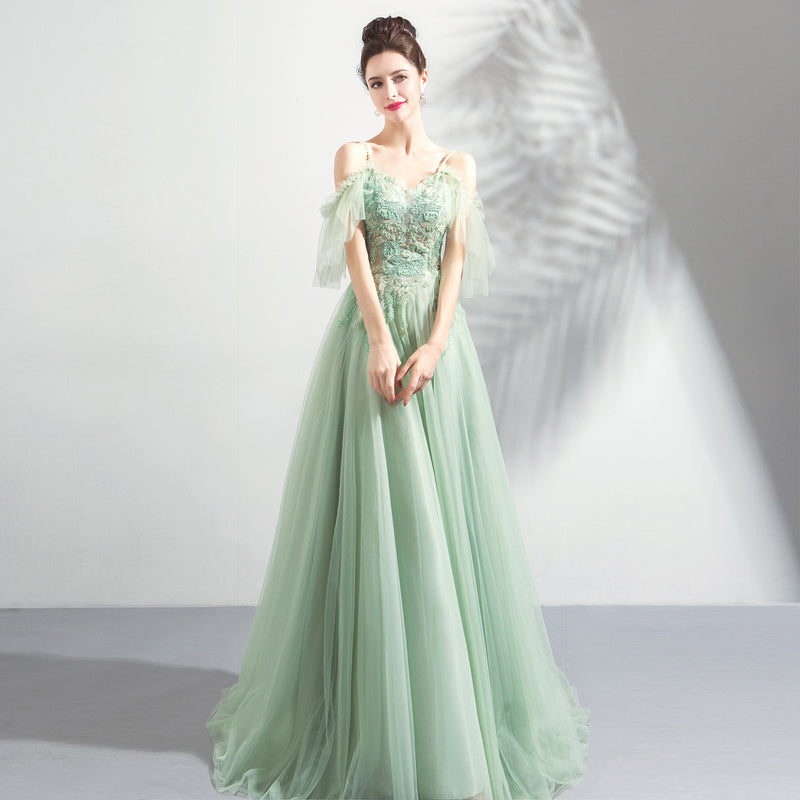 Green tulle lace long prom dress, evening dress - VelvetHem