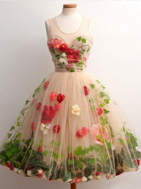 Tulle Short Homecoming Dress A-Line Scoop with 3D Florals - VelvetHem