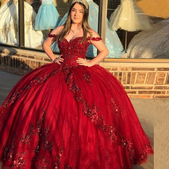 Spark Princess Quinceanera Dress Appliques Flowers Corset Back Ball Gown Party Sweet 16 Prom Gowns - VelvetHem