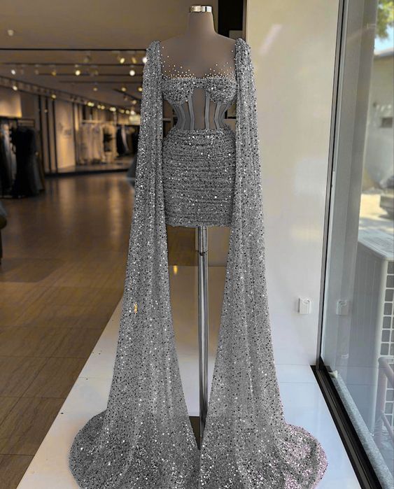 Grey Sequins Mini Homecoming Dress With Long Sleeves Sparkly Party Dress