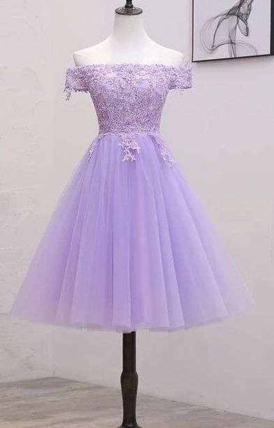 Light Purple Lace And Tulle Off The Shoulder Homecoming Dress, Short Party Dress - VelvetHem