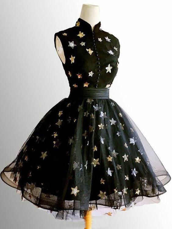 Chic A-line High Neck Homecoming Dresses Black Short Dress Cute Homecoming Dress - VelvetHem