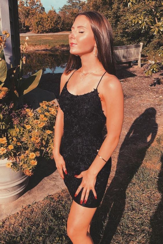short black lace homecoming dress tight with spaghetti straps, black tight cocktail dress party dress - VelvetHem