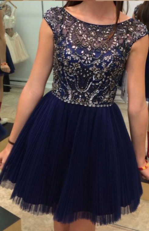 High Quality Tulle Scoop Short Navy Blue Prom Dresses Homecoming Dresses With Beaded - VelvetHem