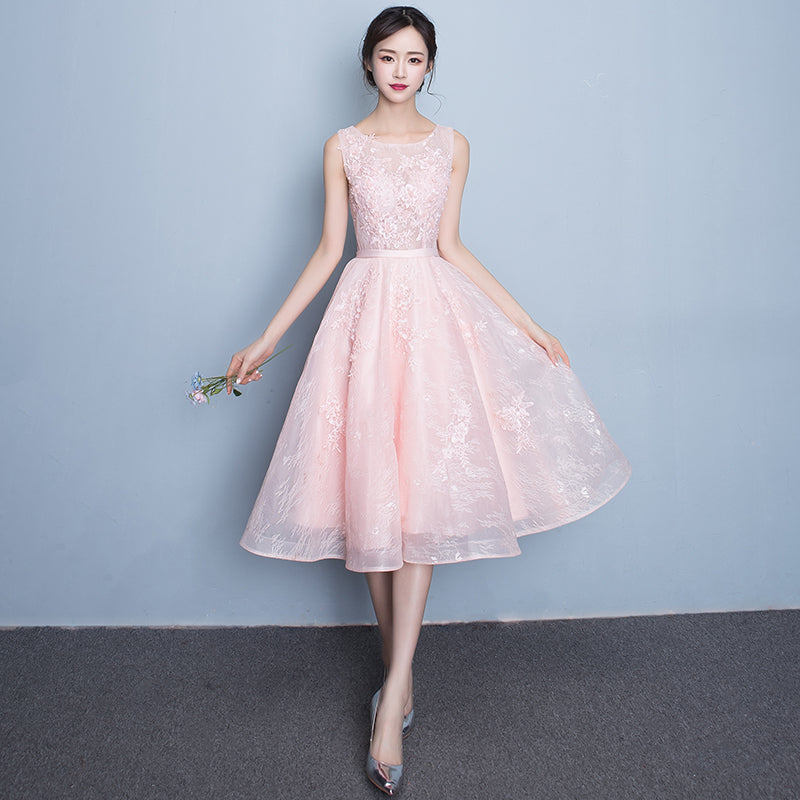 Pink round neck lace short prom dress, lace evening dress - VelvetHem