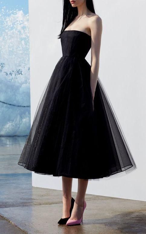 Simple A line black tulle strapless prom dress - VelvetHem