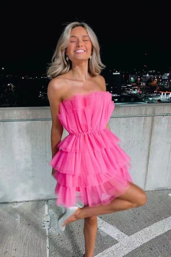 Hot Pink Strapless Tiered Short Homecoming Dress, A Line Sweet 16 Dress