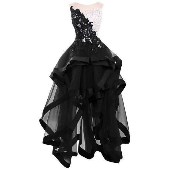 Black Lace Appliques Homecoming Dresses,Elegant Round Collar Sleeveless Party Dresses,Tulle High-Low Homecoming Dresses - VelvetHem