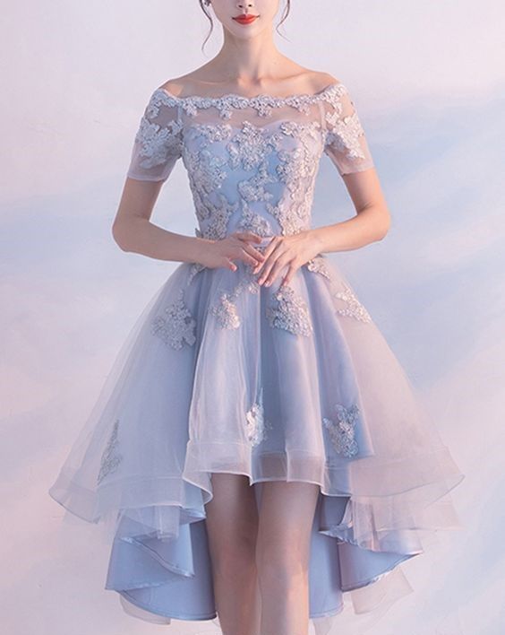 Light Blue High Low Elegant Prom Dress Lace Appliques Beaded Off Shoulder Short Sleeve Back Design Lace-up Short Homecoming Dresses - VelvetHem