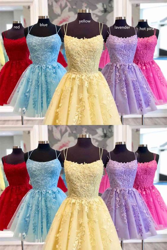 Straps Lace Applique Blue Homecoming Dress - VelvetHem