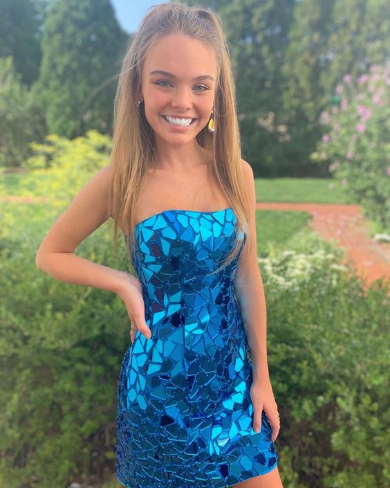 Glitter Bodycon Strapless Peacock blue Sequin Mini Evening Dress Sexy Party Dress - VelvetHem