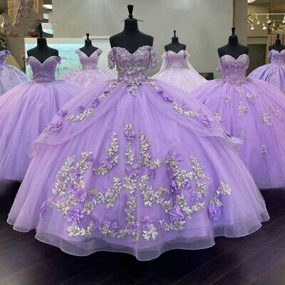 Lavender Quinceanera Dresses Floral Applique Beaded Off The Shoulder Sweet 15 16 - VelvetHem