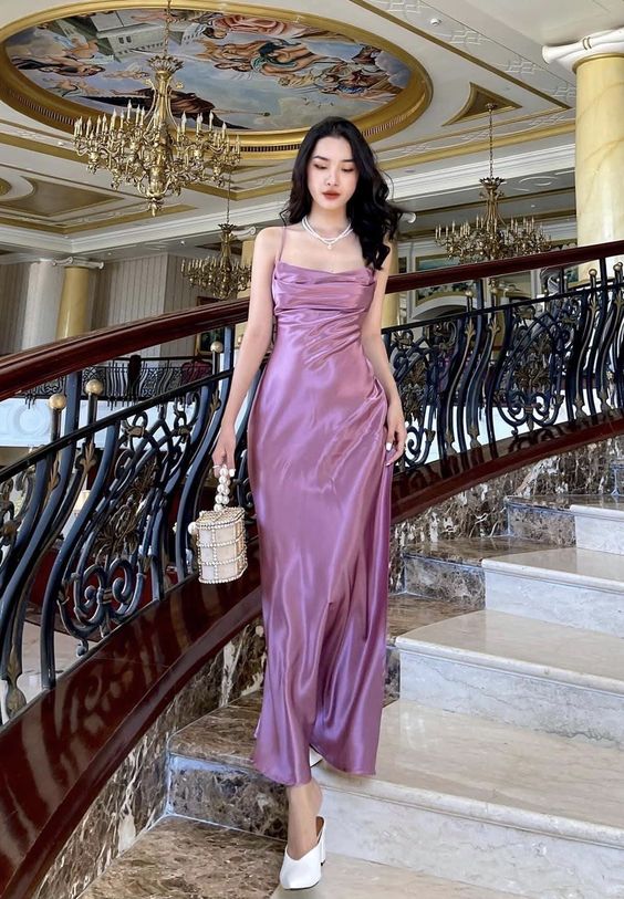 Simple purple evening dresses satin pleated long prom dress - VelvetHem