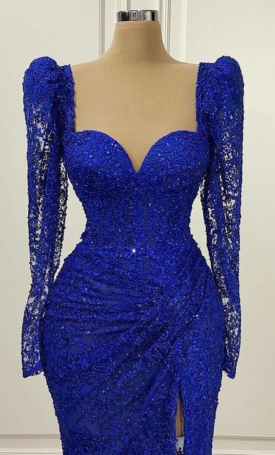 Royal Blue Vintage Prom Dress Long Sleeves Evening Dress - VelvetHem