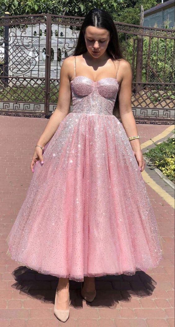 Sparkly prom party dresses midi length ball gown sweetheart spaghetti straps - VelvetHem