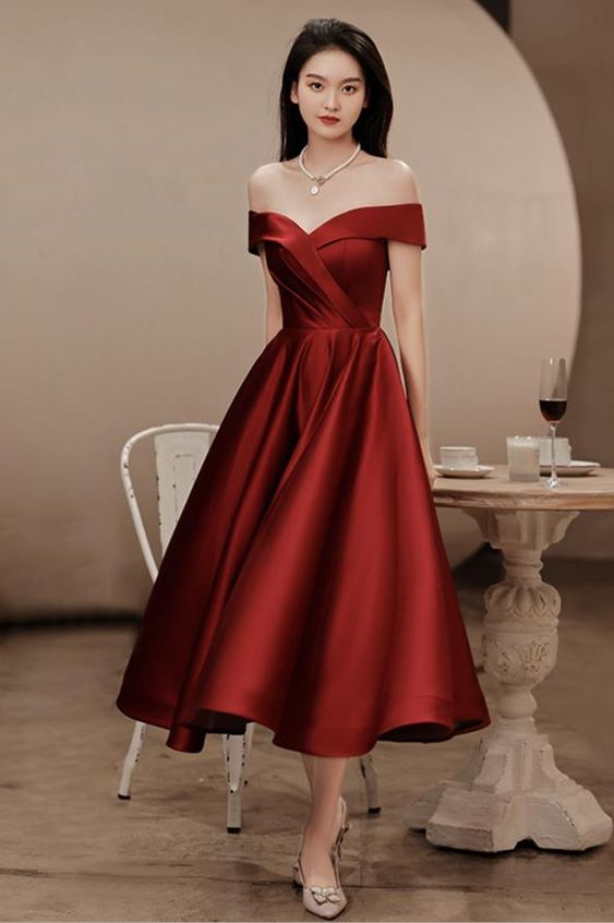 Elegant Satin Tea Length Party Dress, Wine Red Short Prom Dresses - VelvetHem