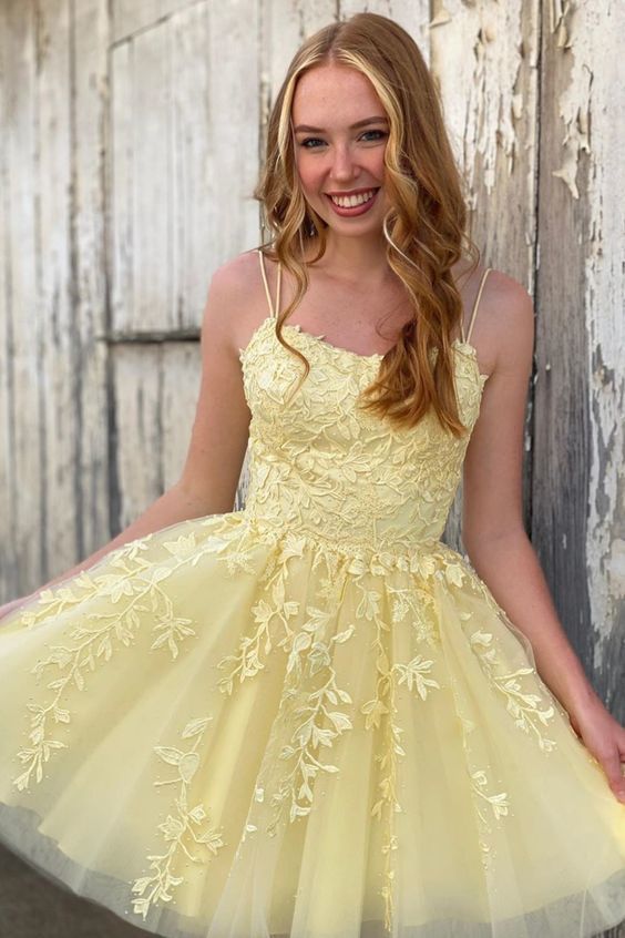 Pretty short A-line yellow homecoming dress with spaghetti straps - VelvetHem