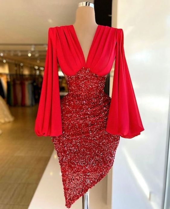 Red Short Irregular Party Dress Puffy Sleeves Homecoming Dress - VelvetHem