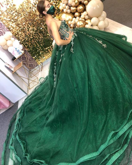 Green Ball Gown With Appliques Sweet 16 Dress Long Court Train - View 2 | VelvetHem