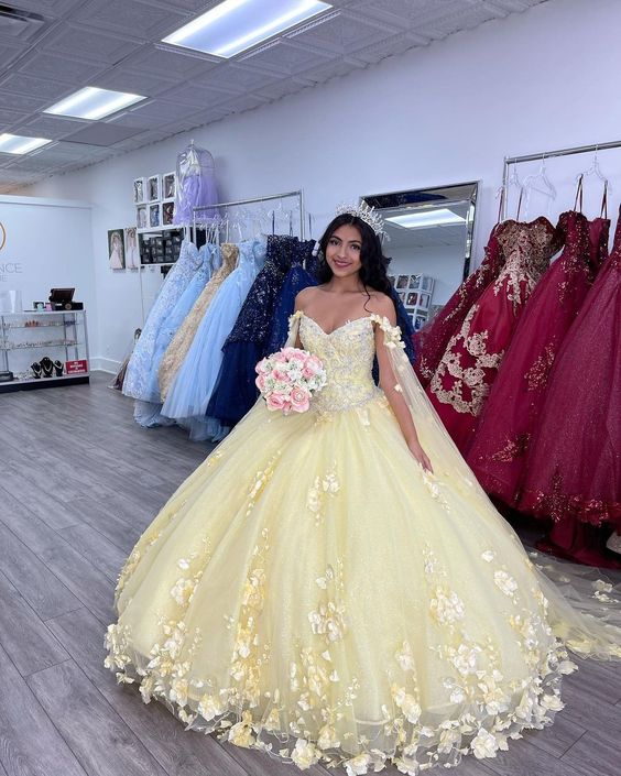 Yellow Ball Gown With Appliques Sweet 16 Dress - VelvetHem