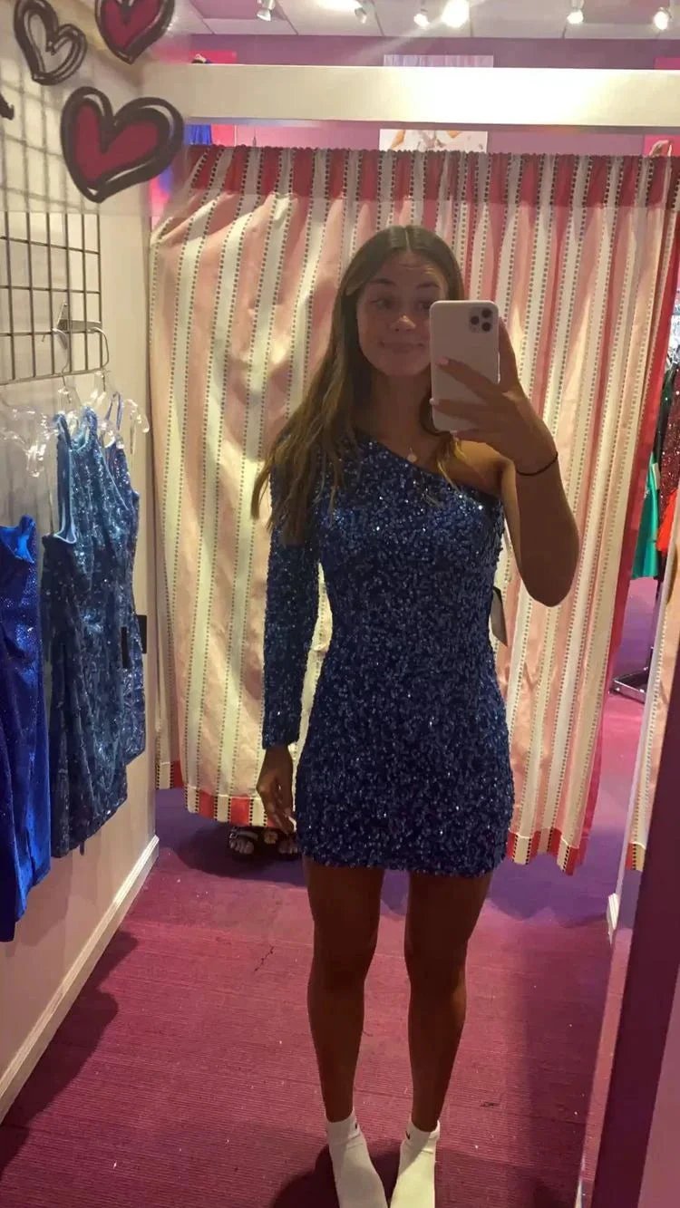 Shiny One Sleeve Sequins Short Homecoming Dress Party Dress Y1199 by simplepromdress