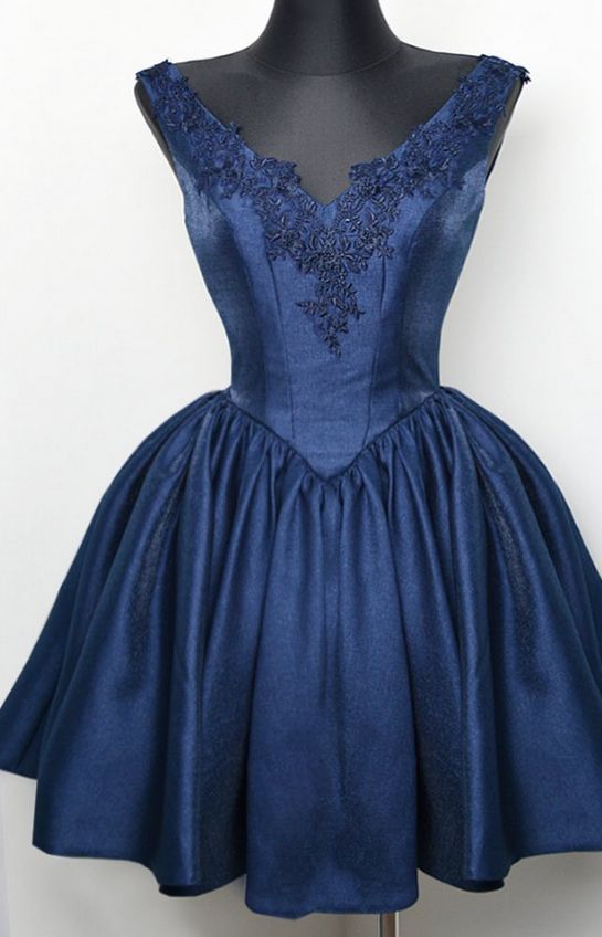 Short Satin V Neck Homecoming Dress,Swing A-Line Lace Homecoming Dresses - VelvetHem