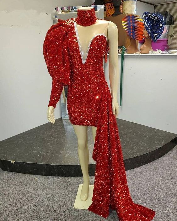 Stunning Red Sequins Short Prom Dresses With High Neck African Black Girl Party Prom Dresses With Long Train - VelvetHem