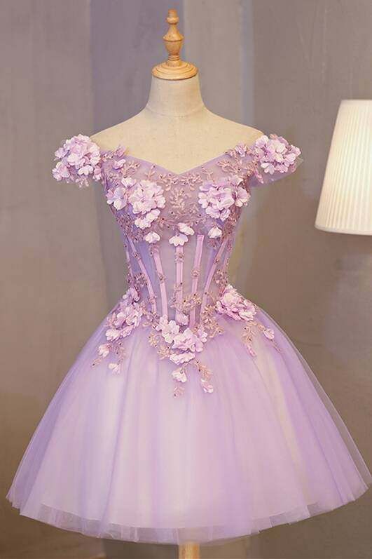 Off the Shoulder Light Purple Flower Homecoming Dress - VelvetHem