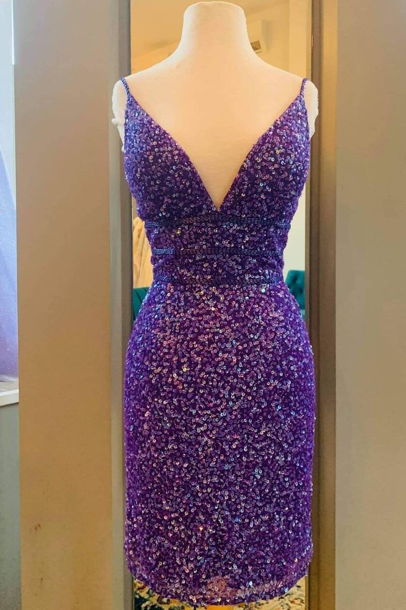 Purple Sequins Tight Short Party Dress - VelvetHem