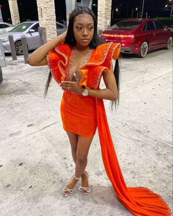 Orange Velvet Short Prom Dress Beaded Ruffle Sleeve Real Picture African Dark Skin Girl Party Dress - VelvetHem