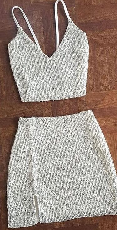 Two piece sequins party dress straps v neck homecoming dress - VelvetHem