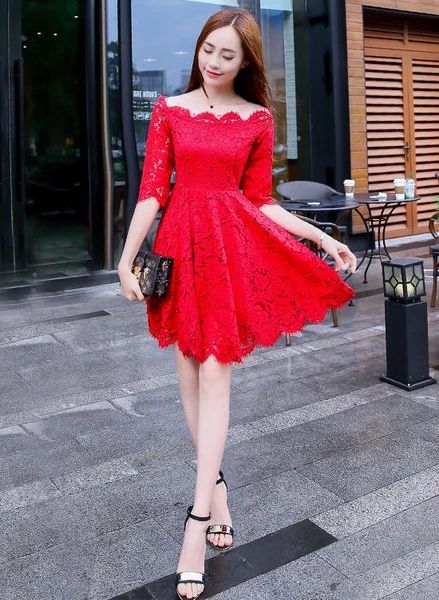 Lovely Red Lace Short Sleeves Party Dress, Chic Red Off Shoulder Homecoming Dress - VelvetHem