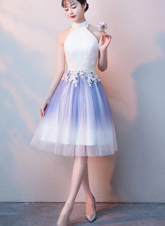 Cute Halter Tulle A-Line Knee Length Party Dress, Light Purple Homecoming Dress - VelvetHem