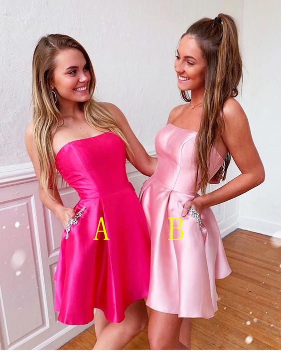 Strapless A-line Satin Cute Short Homecoming Dresses With Pockets - VelvetHem
