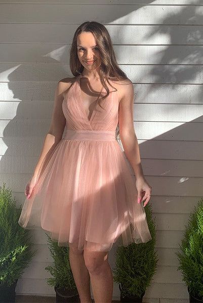 Tulle Short Pink Deep V Neck Backless Homecoming Dress - VelvetHem