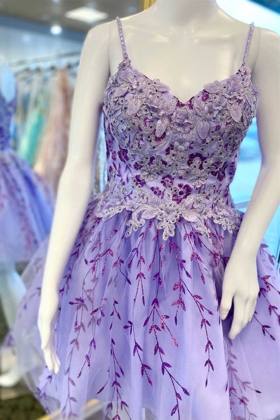 Lavender Floral Appliques A-Line Homecoming Dress - VelvetHem
