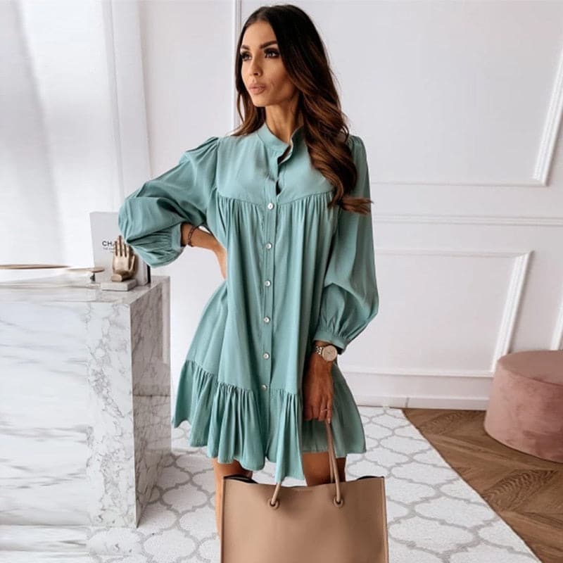 Women Vintage Ruffled Front Button Aline Dress Long Sleeve Stand Collar Solid Elegant Casual Mini Dress Autumn New Dress