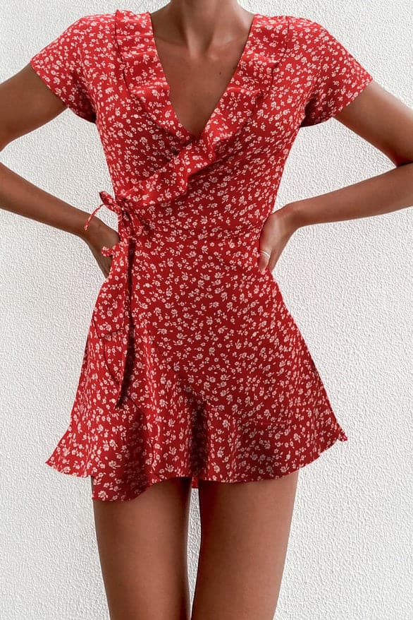 Summer Women���s Floal ALine Dress Sweet Elegant Floral Ruffles Vneck Bandage Short Dress for Lady Chic Flowers Mini Dress