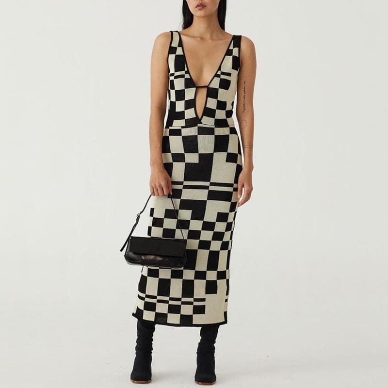 DressBetty - Backless Plaid Print Spaghetti Strap Hollow Out Vestidos Maxi Dress - VelvetHem