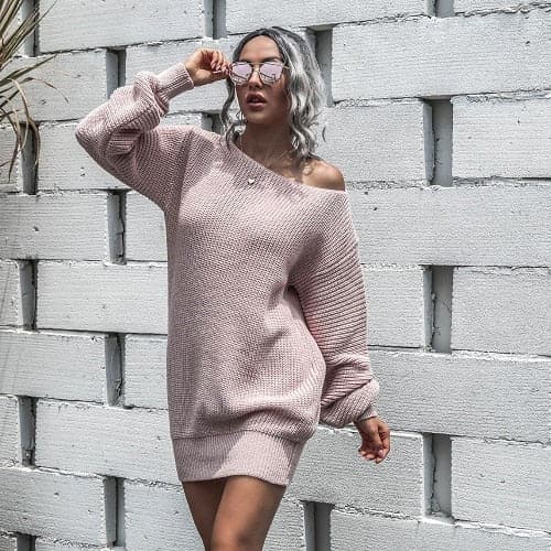 DressBetty - Off-shoulder Lantern Sleeve Knitted Sweater Dress - View 3 | VelvetHem