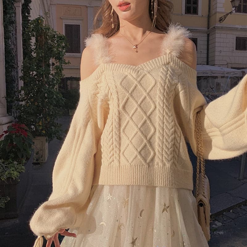 DressBetty - Off-the-shoulder Sweater Ladies Autumn Winter Elegant Soft Lace Puff Sleeve Knitted Sweater Woman Italy Pull Crop Top