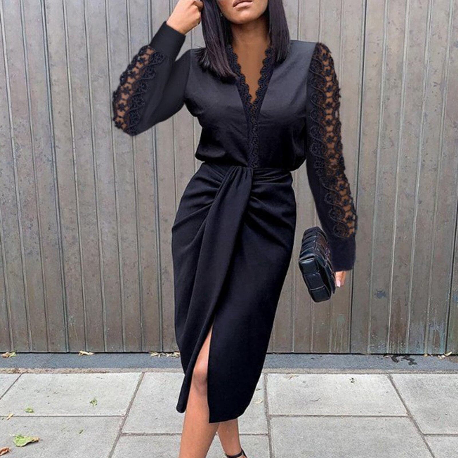 Lace Long Sleeve Elegant Dress Women Fashion Hight Split Party Wrap Dress VNeck Female