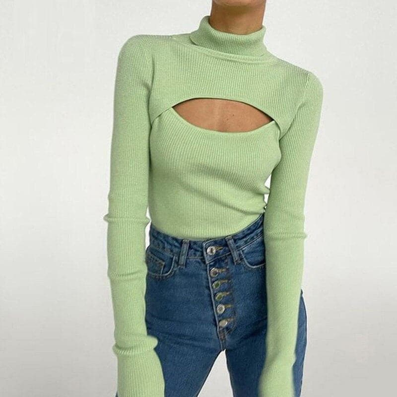 DressBetty - Women's Long Sleeve Slim Turtleneck Pullovers Autumn New Solid Hollow Out Fashion Sweater Ladies Ofiice Lady Clothes