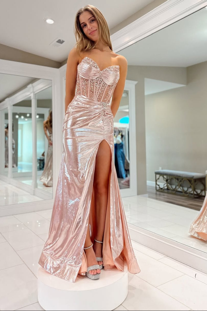 Pink Applique Corset Sweetheart Strapless with Slit Evening Dress Formal Party Gown - VelvetHem