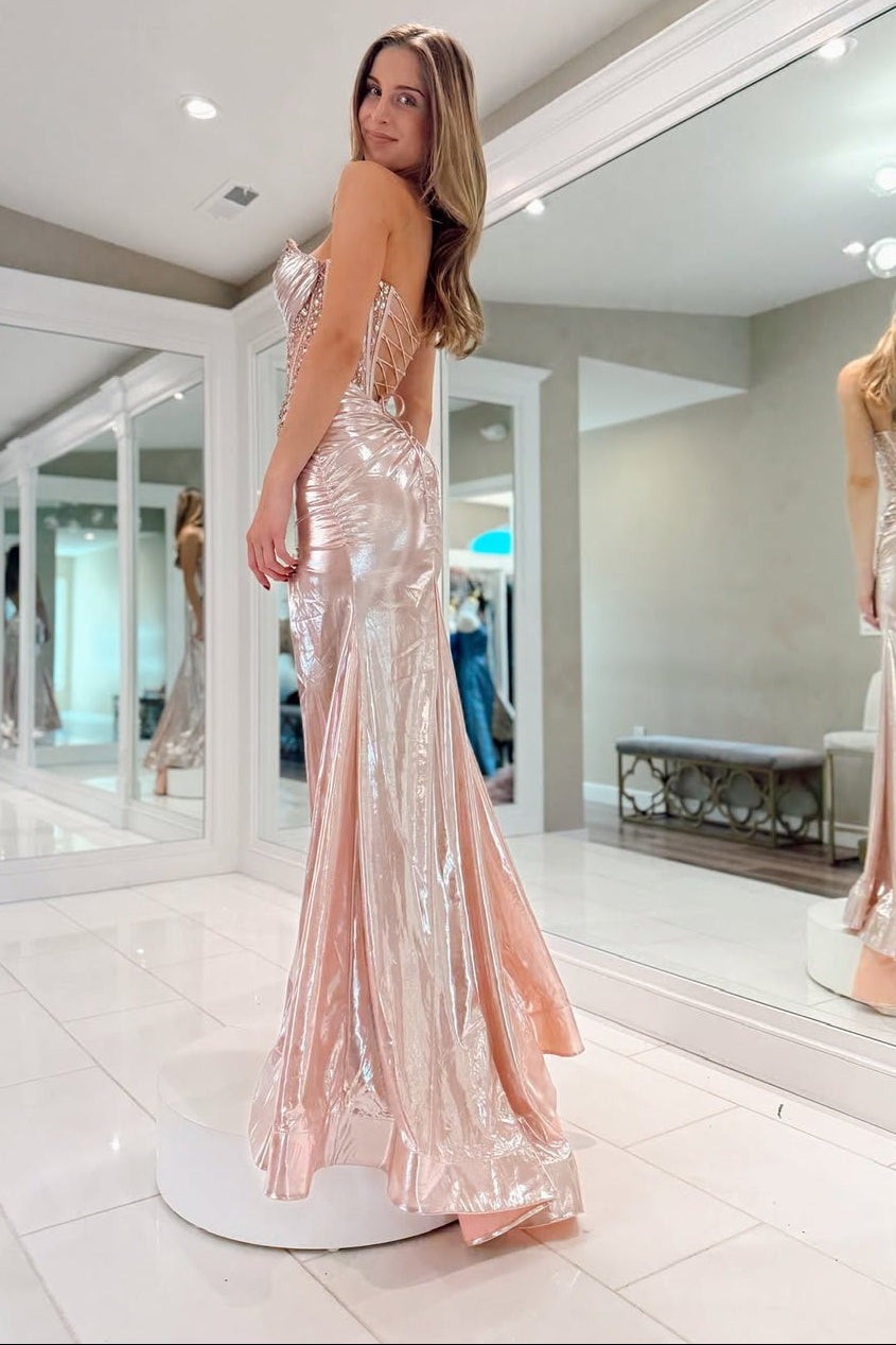 Pink Applique Corset Sweetheart Strapless with Slit Evening Dress Formal Party Gown - View 4 | VelvetHem