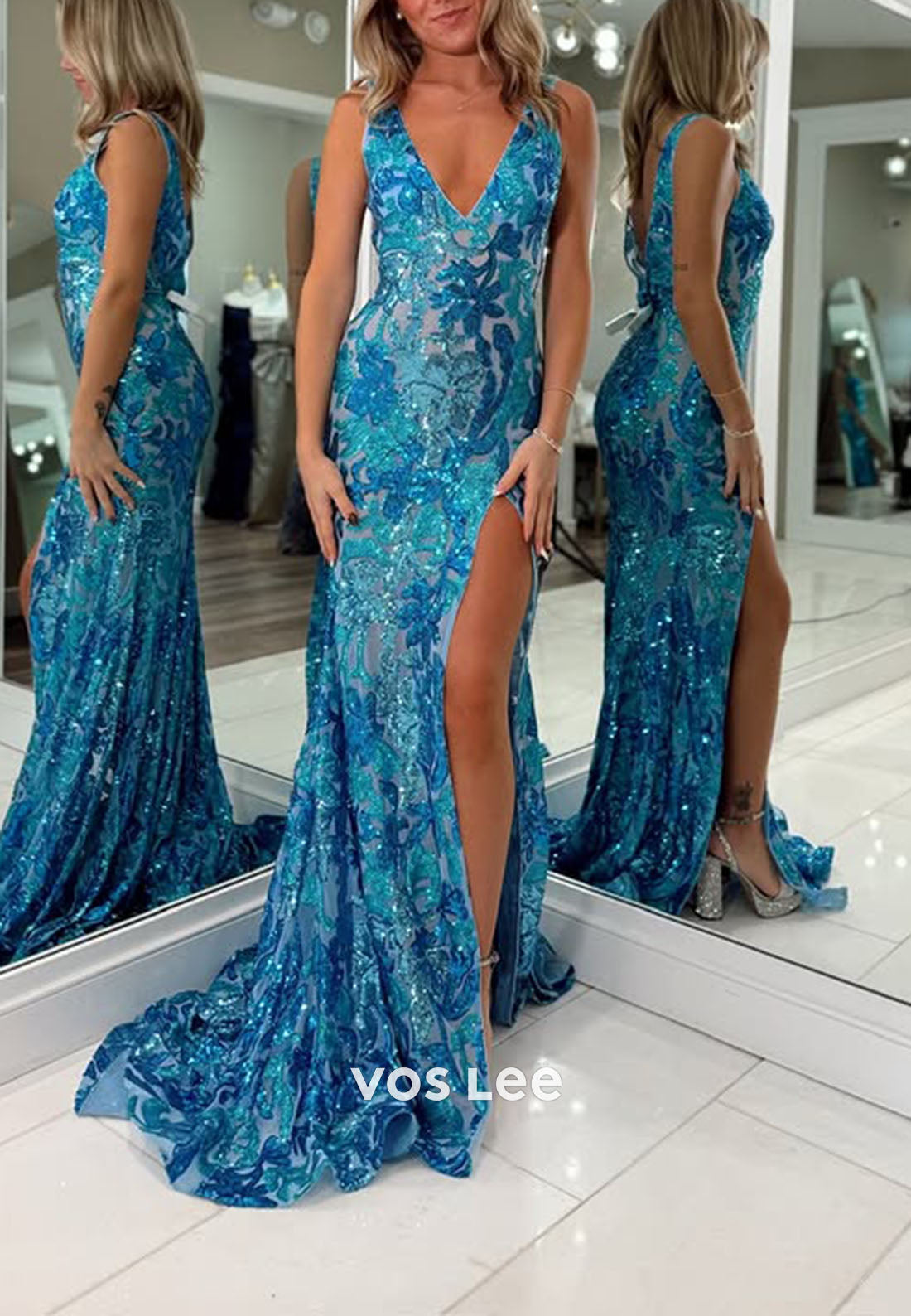 Sparkling V-Neck Sequins Split Cloumn Floor Length Prom Dress With Train