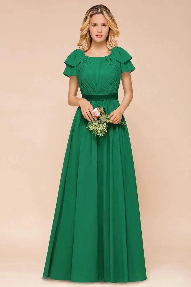 Puff Sleeve Floor Length Bridesmaid Dress A-line Wedding Guest Dress (ZD12954) - VelvetHem