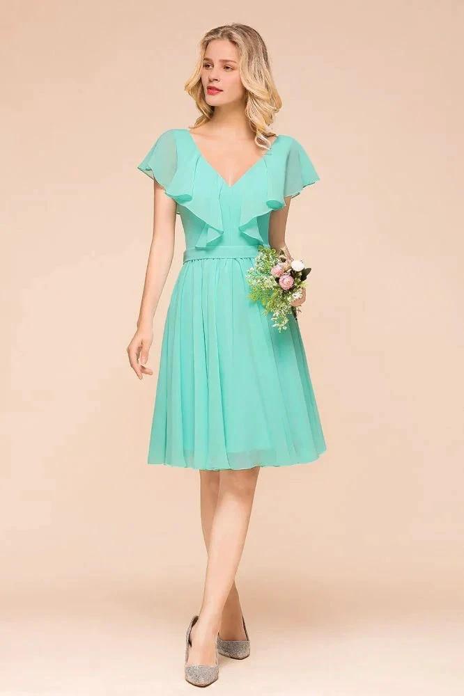 Puffy Knee Length Bridesmaid Dress Chiffon V-Neck Casual Short Dress (ZD12970) - VelvetHem
